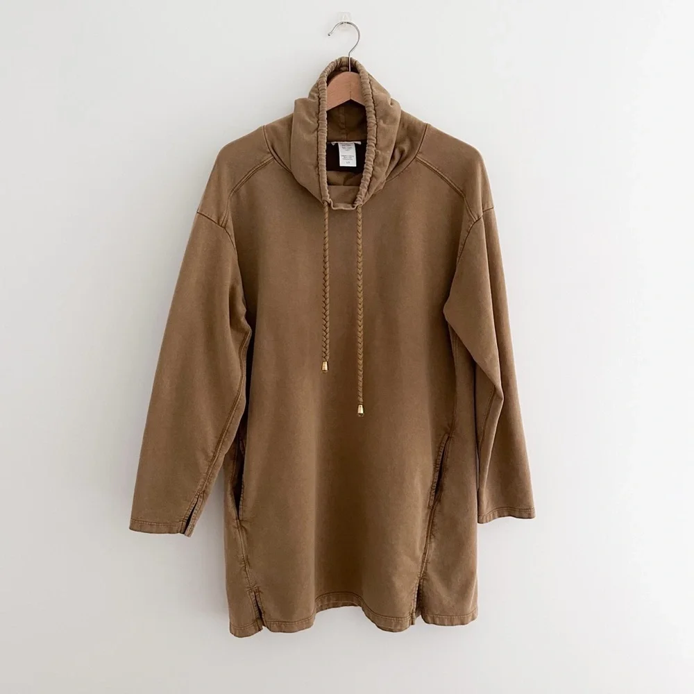 L*Space Daphne Sweatshirt Dress in Moss Tan Cotton Funnel Neck Tunic Size Large - Picture 2 of 8